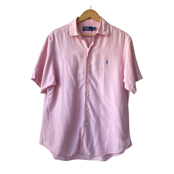 Polo Ralph Lauren Mens Pink Linen Silk Button Down Shirt Size L Pony Logo Preppy - Picture 1 of 6